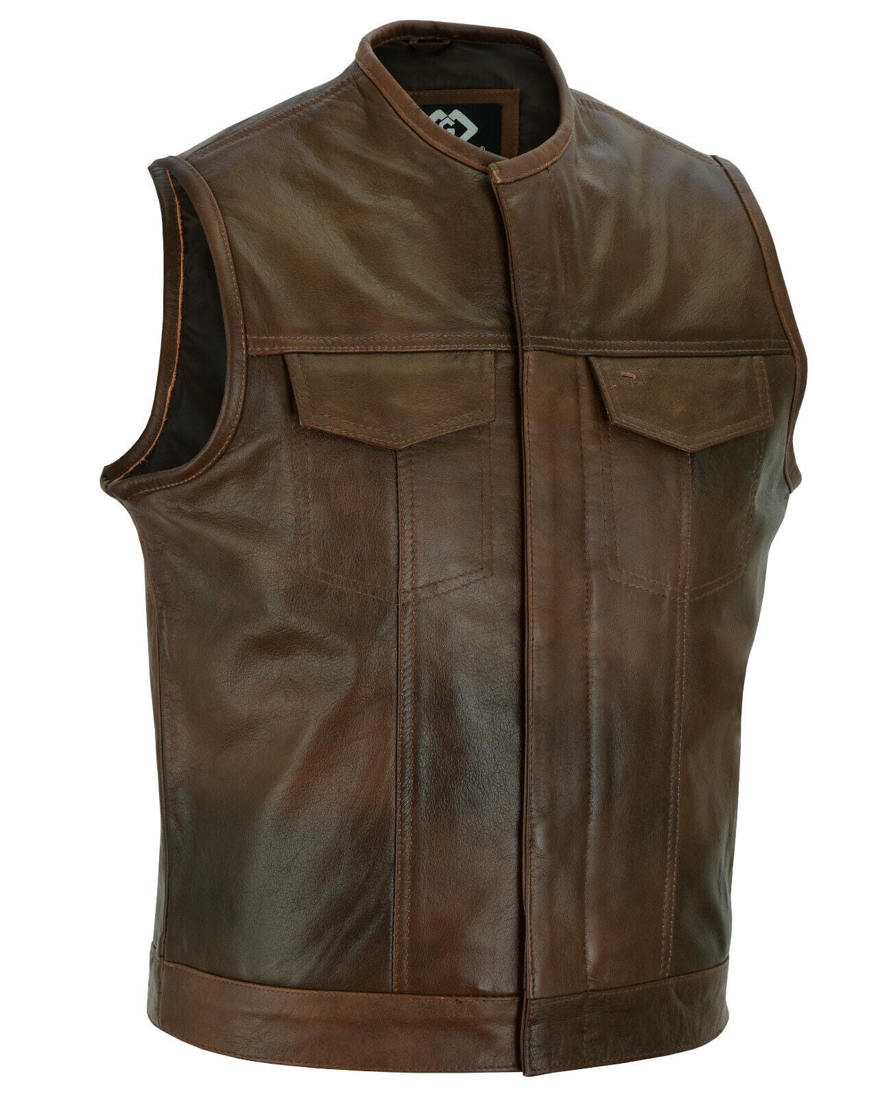 Collarless Brown Mens Vest Waistcoat Gilet Biker Motorcycle Leather