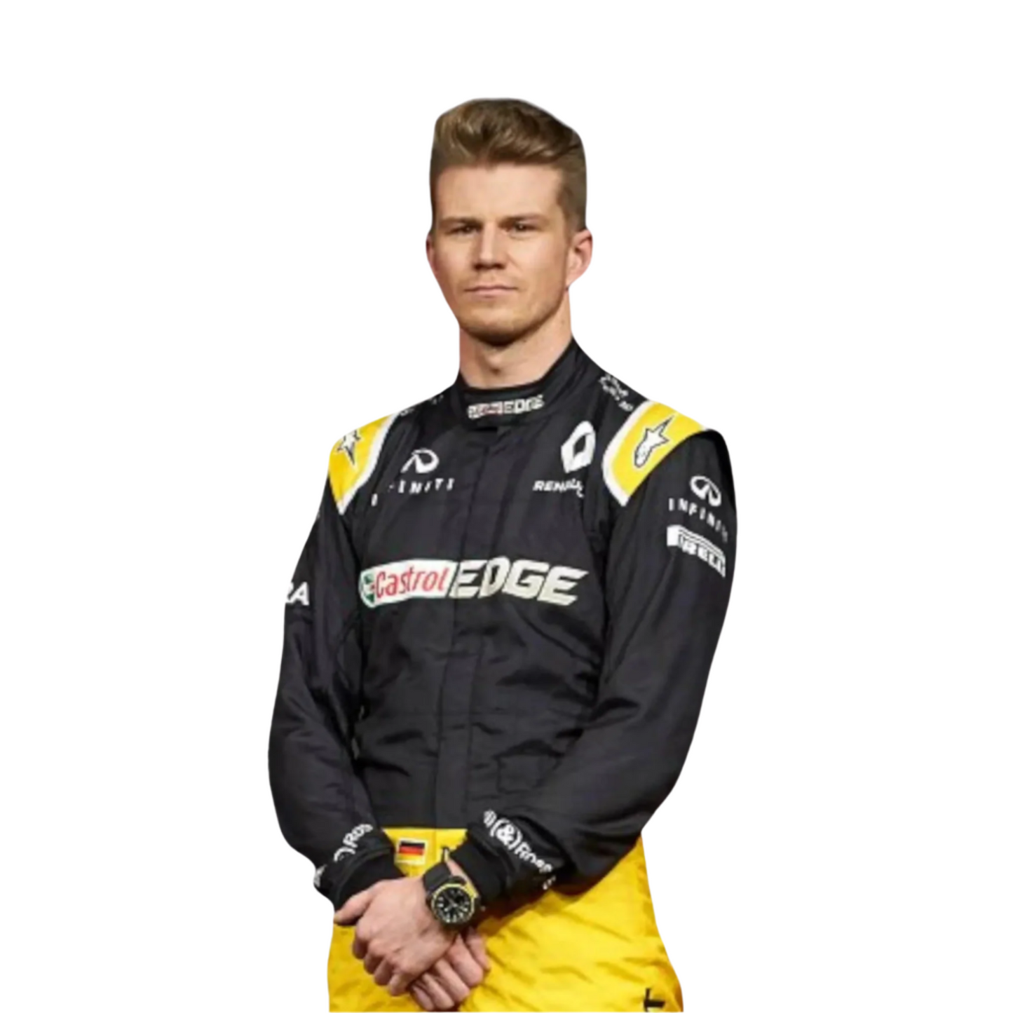 Close-up of the chest area of Nico Hulkenberg’s 2017 F1 racing suit, featuring sponsor embroidery and lightweight fabric for breathability.