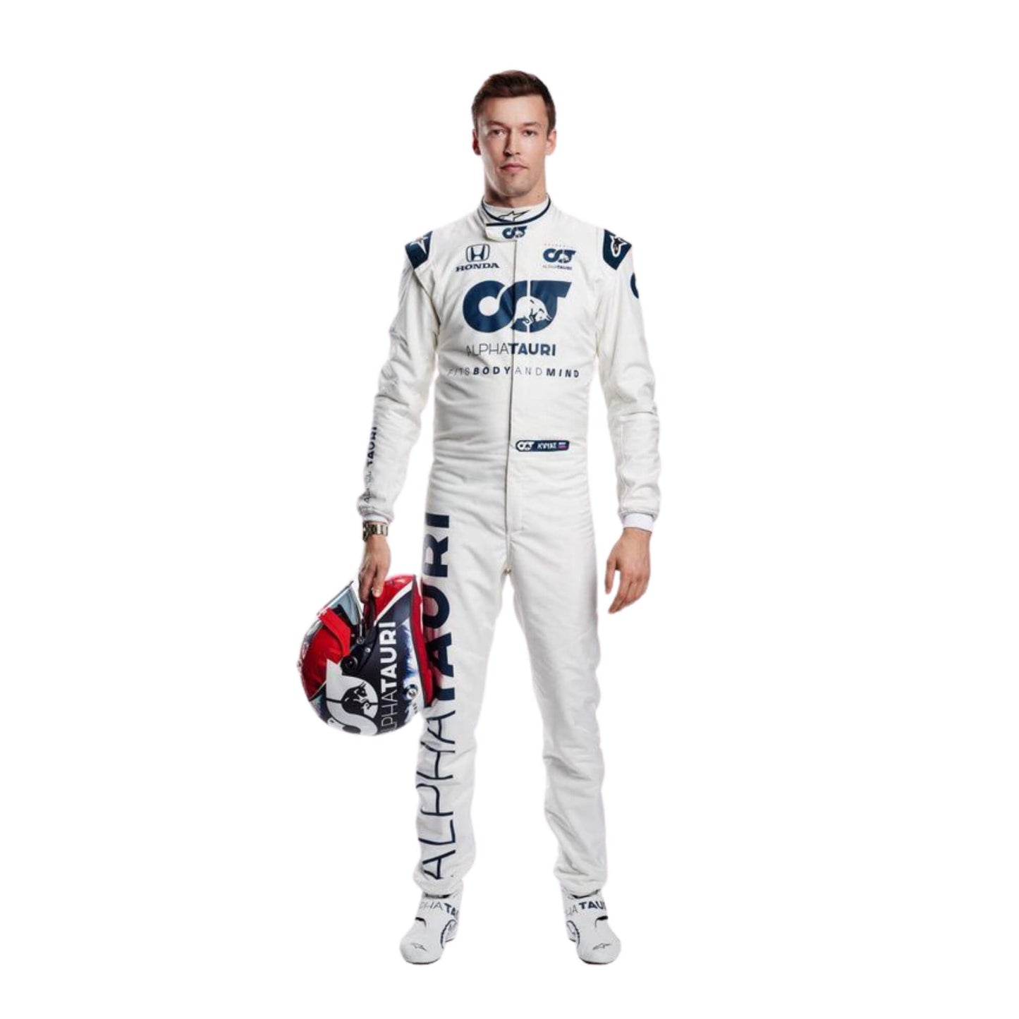 2020 Daniil Kvyat F1 suit front view, white and navy color scheme with zip-up front and detailed graphics.