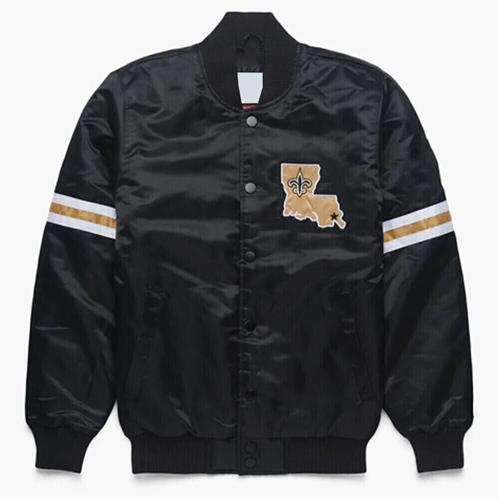 NFL New Orleans Saints Vintage 80s Black Satin Bomber Baseball Varsity Jacket