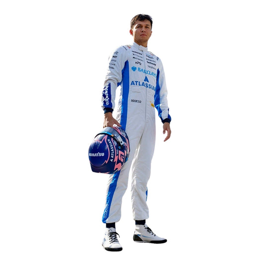 Alexander Albon wearing a Williams racing suit with various sponsor logos with Right View