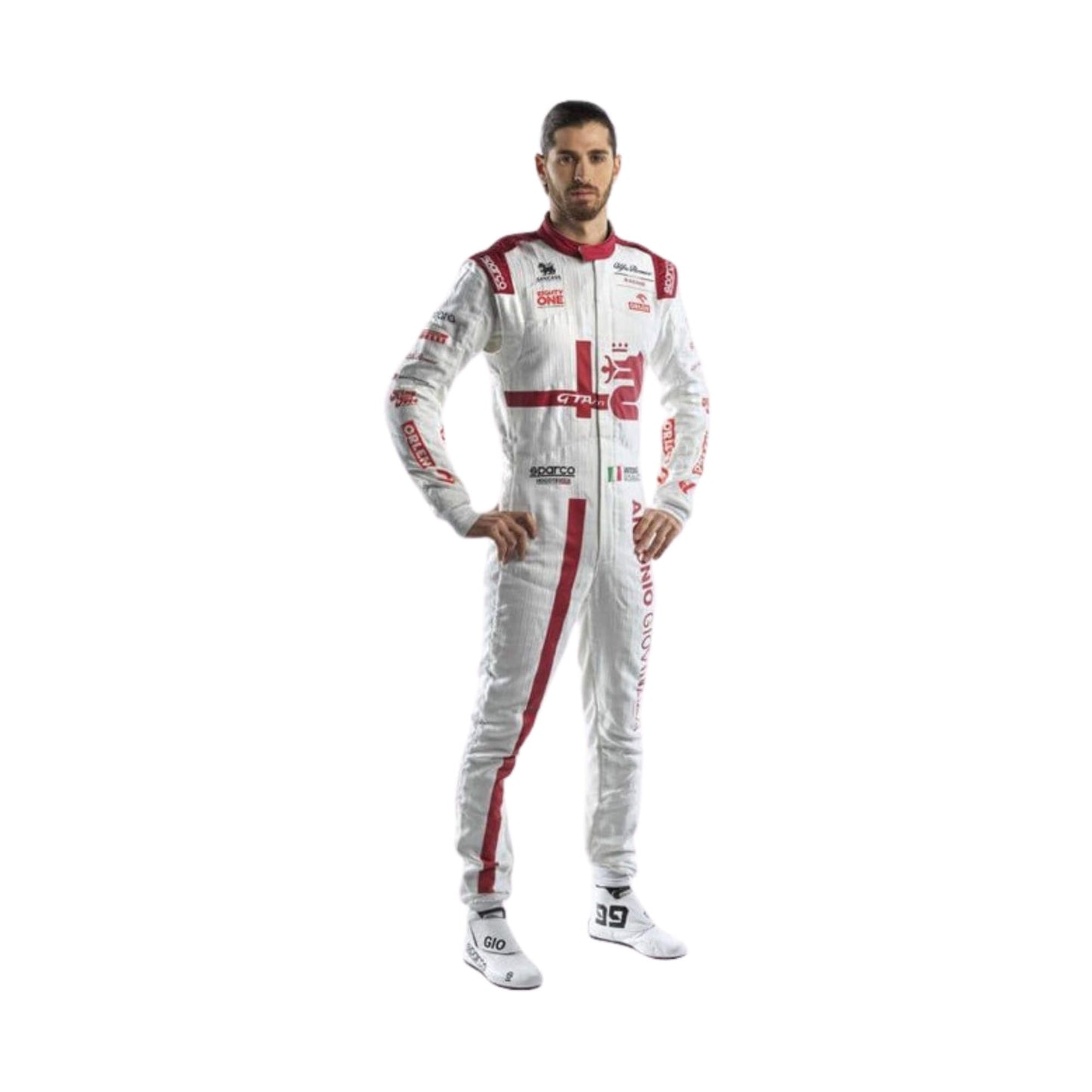 2021 Antonio Giovinazzi F1 racing suit front view, featuring red and white design, with sponsor logos and racing details.