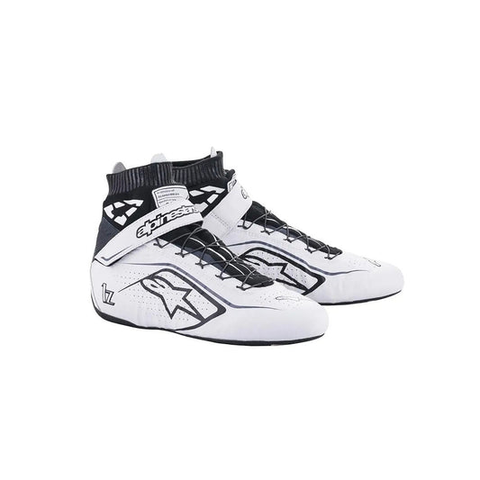 White and black Alpinestars Tech1-Zv2 race shoes with visible branding on a white background