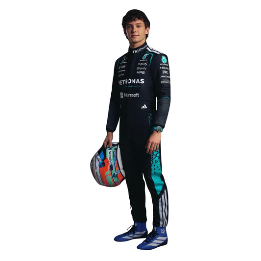 Andrea Kimi Antonelli wearing a Mercedes racing suit with various sponsor logos with Left View