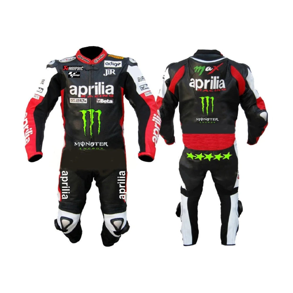 Aprilia Black Monster Racing Motorcycle Leather Suit with Safety Pads