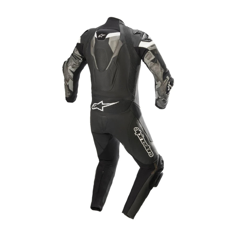 Atem V4 One-Piece Motorcycle Leather Racing Suit Black, White, and Grey