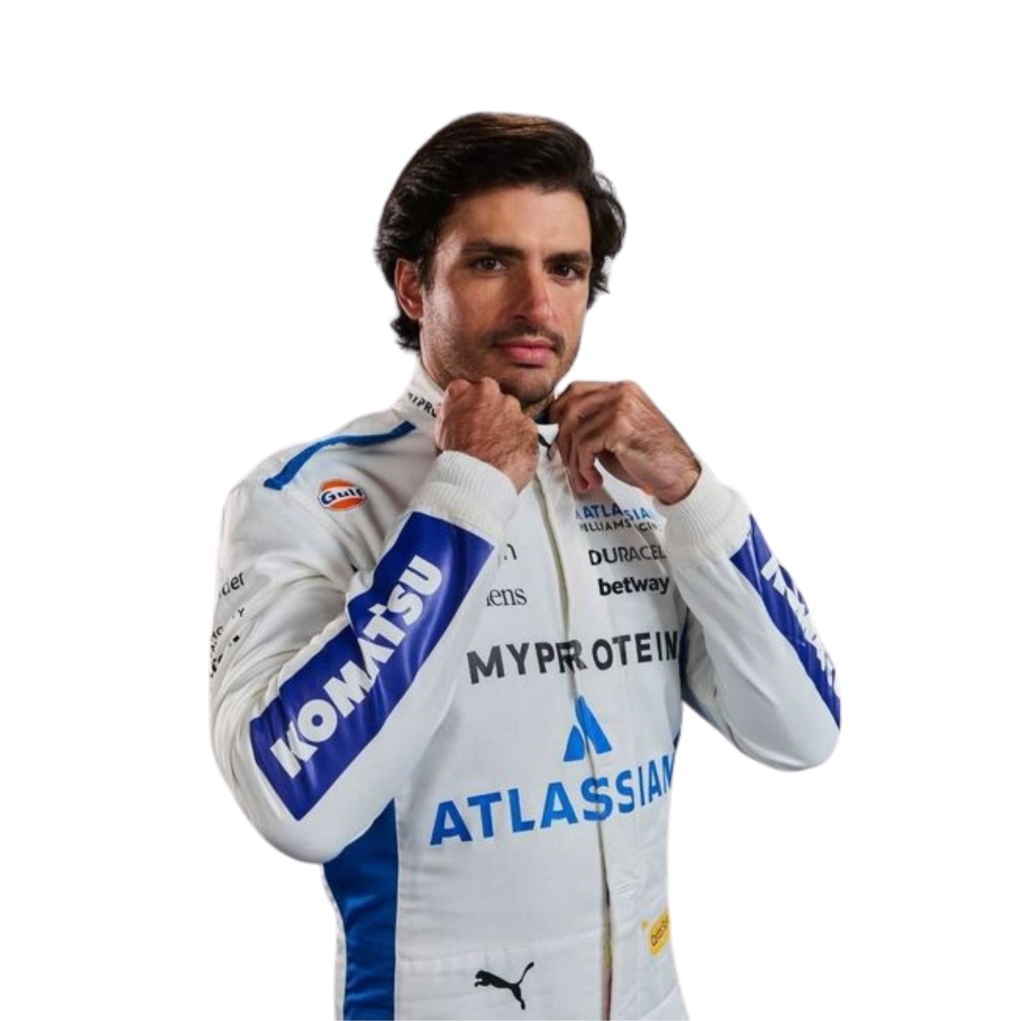Right side angle of the 2025 Formula 1 suit styled after Carlos Sainz, highlighting sleek fit and craftsmanship