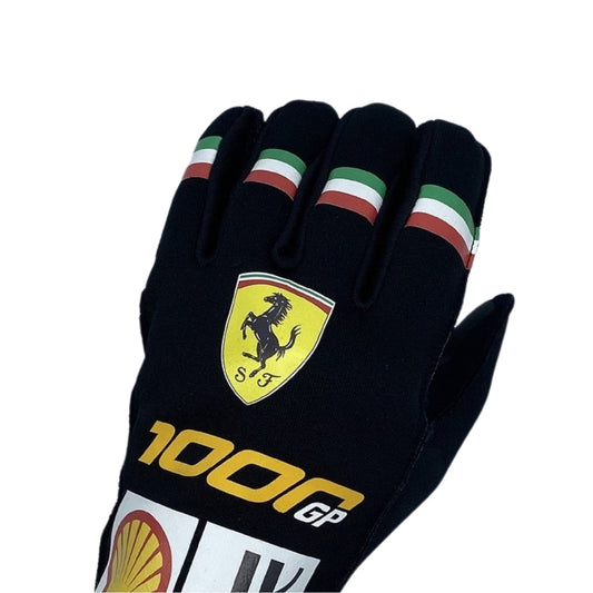Black Charles Leclerc 2020 1000GP F1 race glove with Ferrari logo on a white background