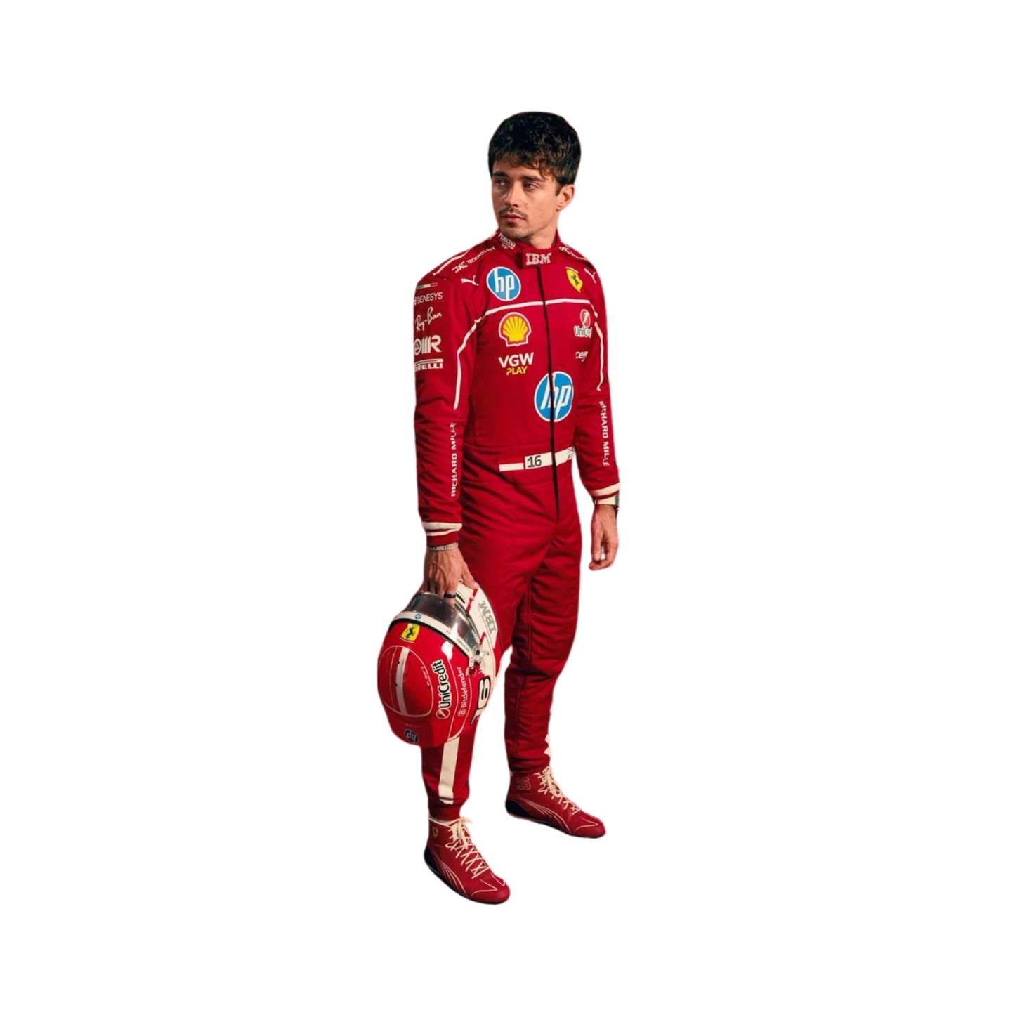 Right Side profile of the 2025 Charles Leclerc F1 costume, showing curved sleeve patterns, ergonomic panel stitching, and side sponsor detailing.