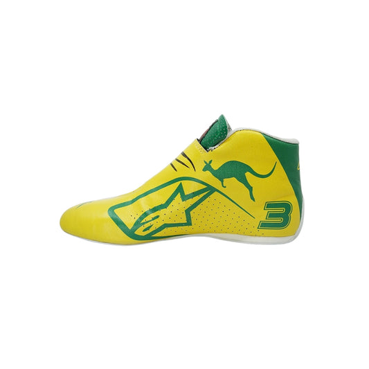 Yellow and green Daniel Ricciardo 2019 Australian Grand Prix F1 race shoe with a logo and number on a white background
