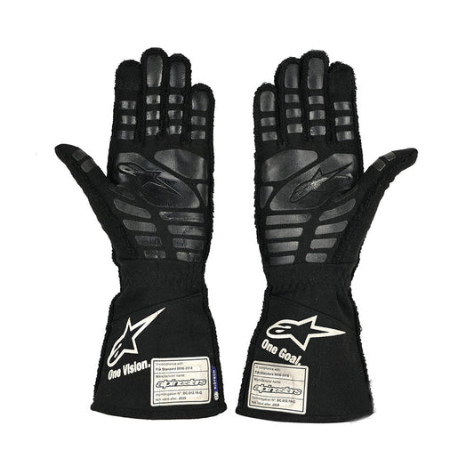 Pair of black Esteban Ocon 2021 F1 race gloves with brand logo on a white background