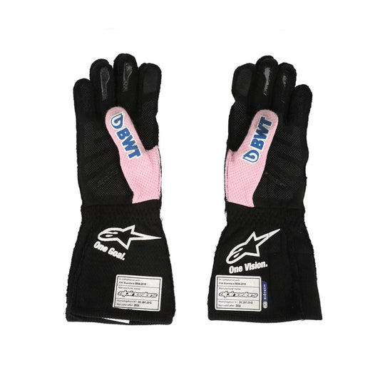 Black Esteban Ocon 2023 Miami GP F1 Race gloves with pink accents and visible branding on a white background