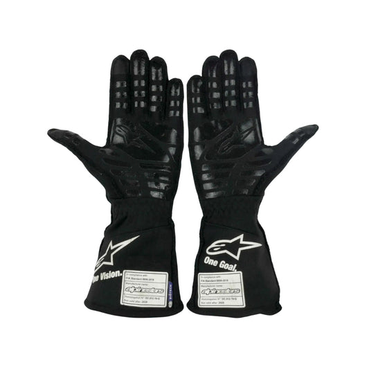 Pair of black Fernando Alonso 2021 F1 race gloves with visible branding on a white background