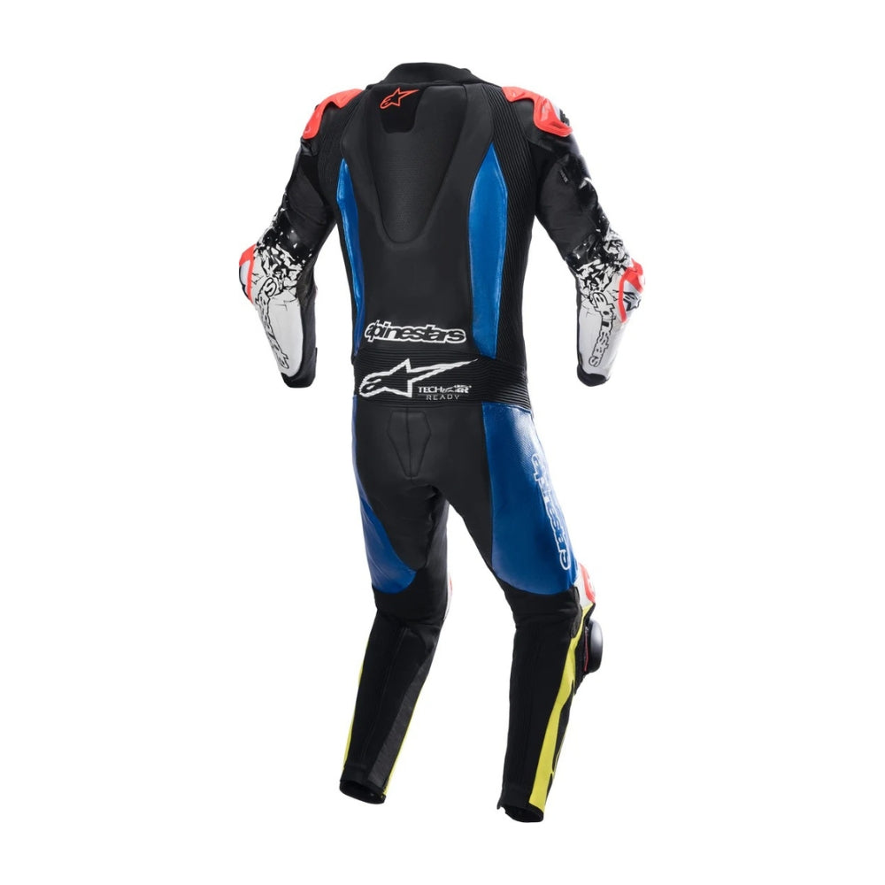 GP Tech 4 One-Piece Motorcycle Leather Racing Suit Black, Blue, and Yellow