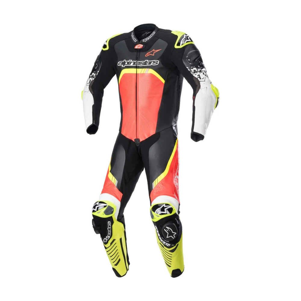 GP Tech 4 One-Piece Motorcycle Leather Racing Suit Black, Orange, and Yellow