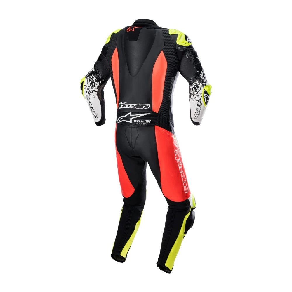 GP Tech 4 One-Piece Motorcycle Leather Racing Suit Black, Orange, and Yellow