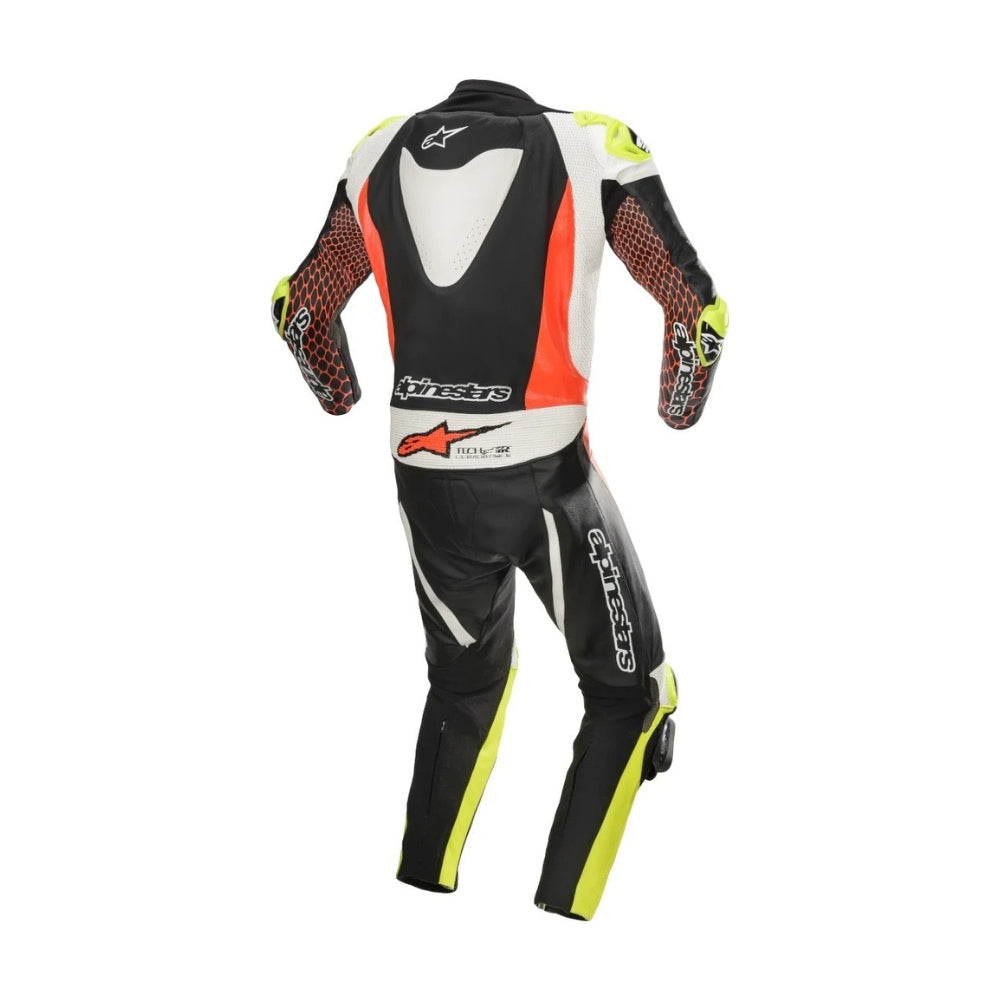 GP Tech V3 One-Piece Perforated Motorcycle Leather Suit Black and Red Fluo