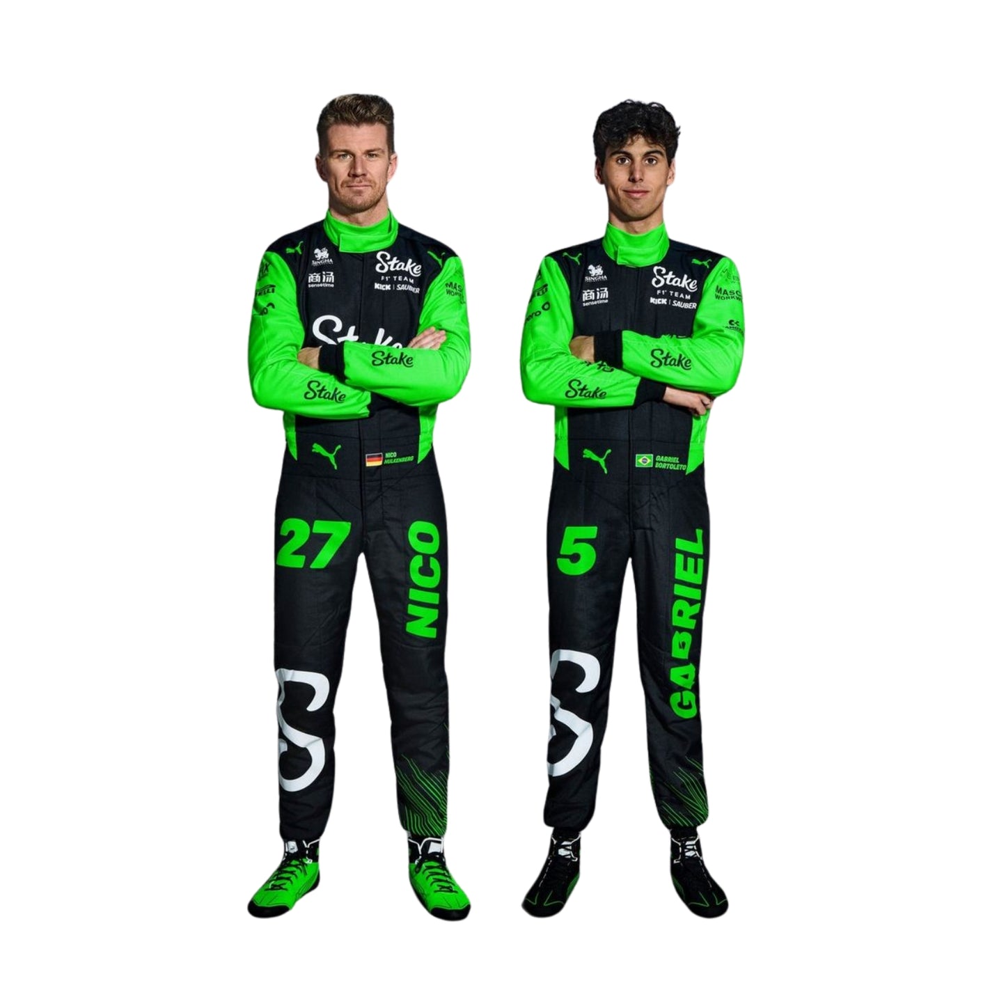 Gabriel Bortoleto and Nico Hülkenberg standing side by side in their 2025 Monaco GP racing suits, showcasing the team's coordinated design.