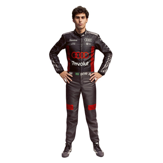 Gabriel Bortoleto wearing a Audi racing suit with various sponsor logos with Front View
