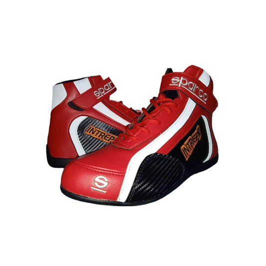 Red Intrepid 2020 Kart race shoes with black and white accents on a white background
