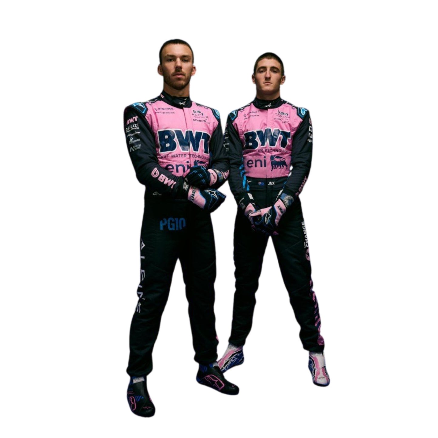 Jack Doohan and Pierre Gasly standing side by side in their 2025 Alpine F1 racing suits, showcasing the team's design and unity.