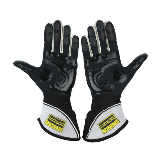 Pair of black and white Jenson Button 2015 F1 Race gloves with yellow labels on a white background