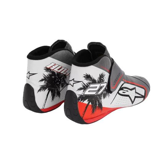 Pair of Kevin Magnussen 2023 Miami GP F1 Race shoes with palm tree design and brand logo on a white background