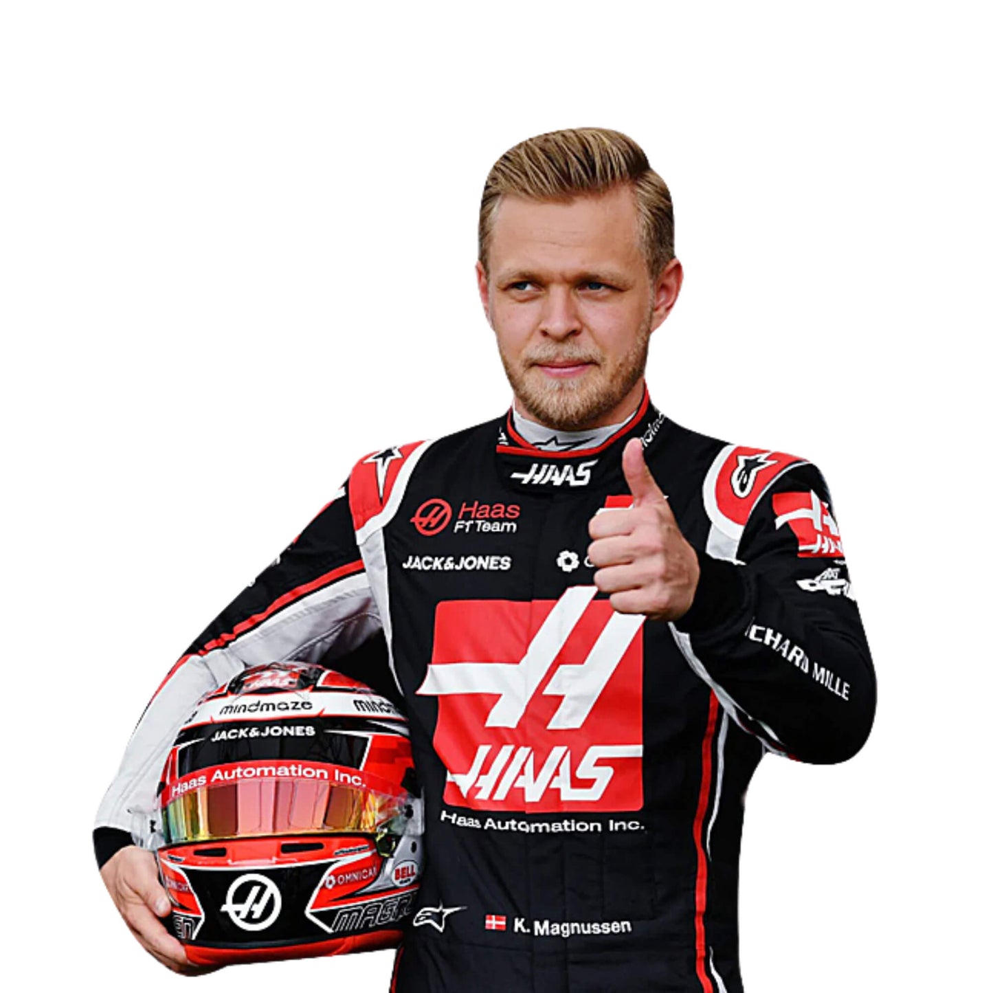Close-up of Kevin Magnussen 2018 F1 suit torso, showcasing embroidered logos and racing-grade fabric.