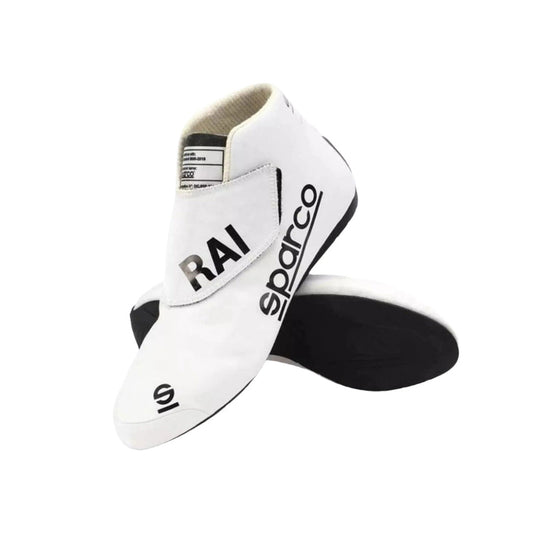 White Kimi Räikkönen 2021 F1 race shoes with 'Sparco' and 'RAI' branding on a white background