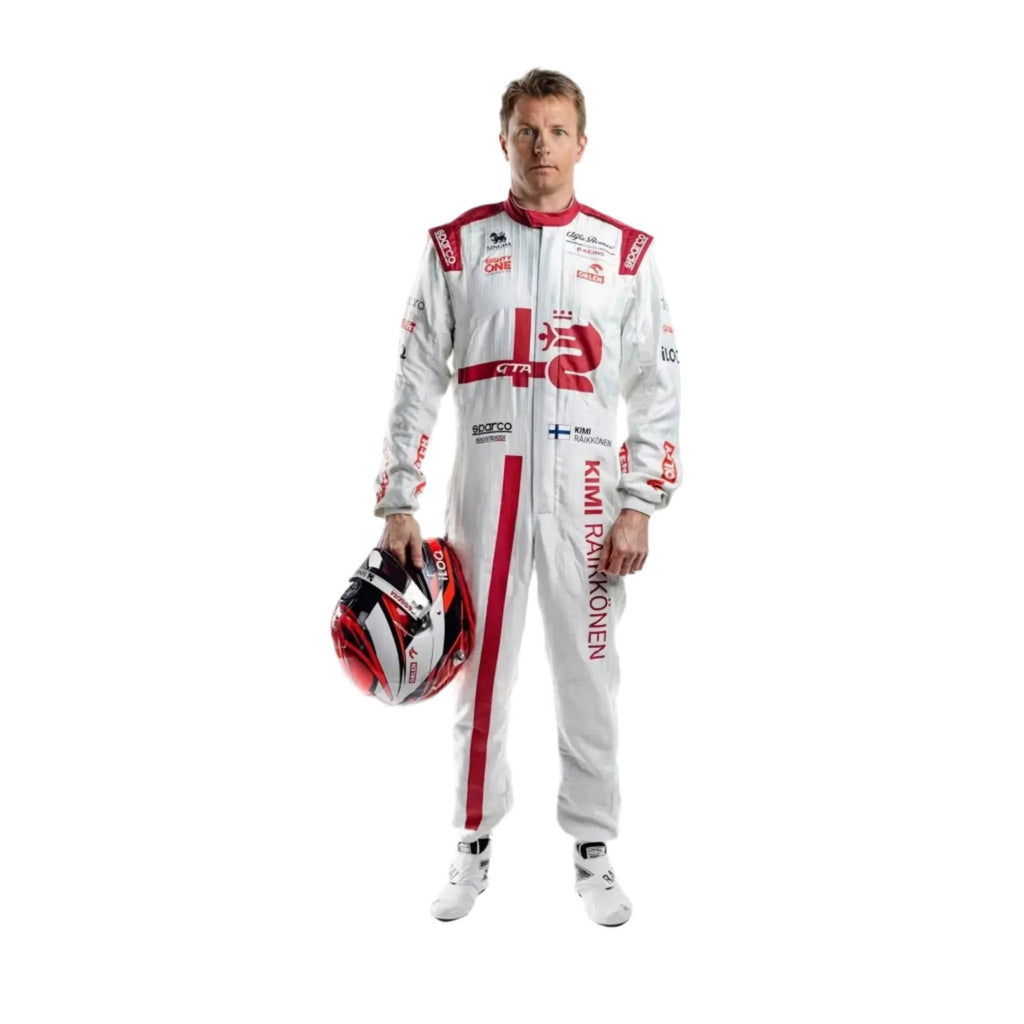 Kimi Räikkönen, wearing a white Kimi Räikkönen 2021 F1racing suit with red accents, holding a helmet on a white background