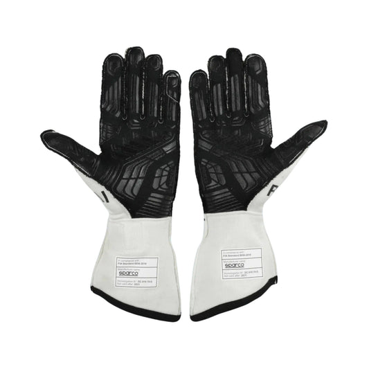 Pair of black and white Kimi Räikkönen 2021 F1 race gloves with 'Sparco' branding on a white background