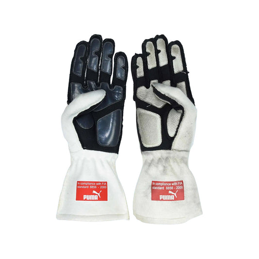 Pair of black and white Kimi Räikkönen / Felipe Massa 2008 F1 Race gloves with Puma branding on a white background