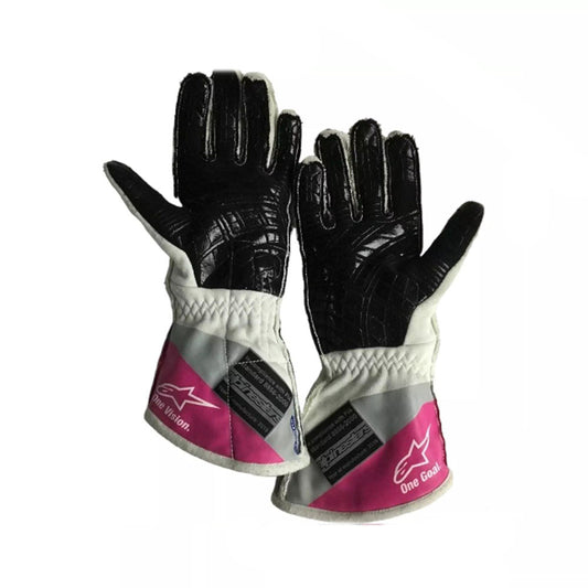 Pair of black and pink Lance Stroll 2020 F1 Race gloves with a checkered pattern on a white background
