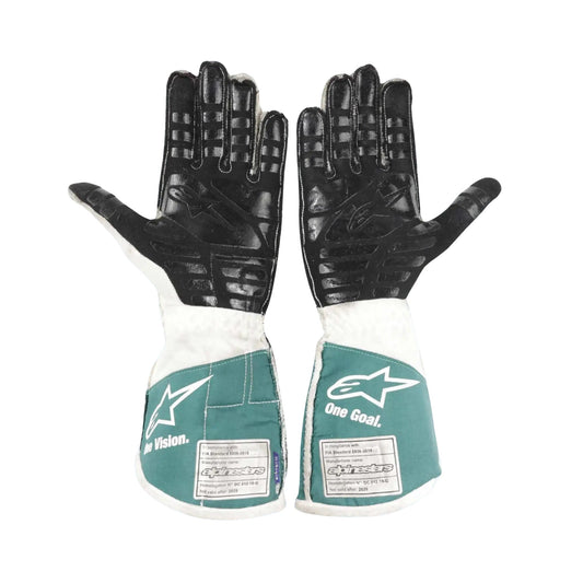 Pair of black and teal Lance Stroll 2021 F1 Race gloves with visible branding on a white background