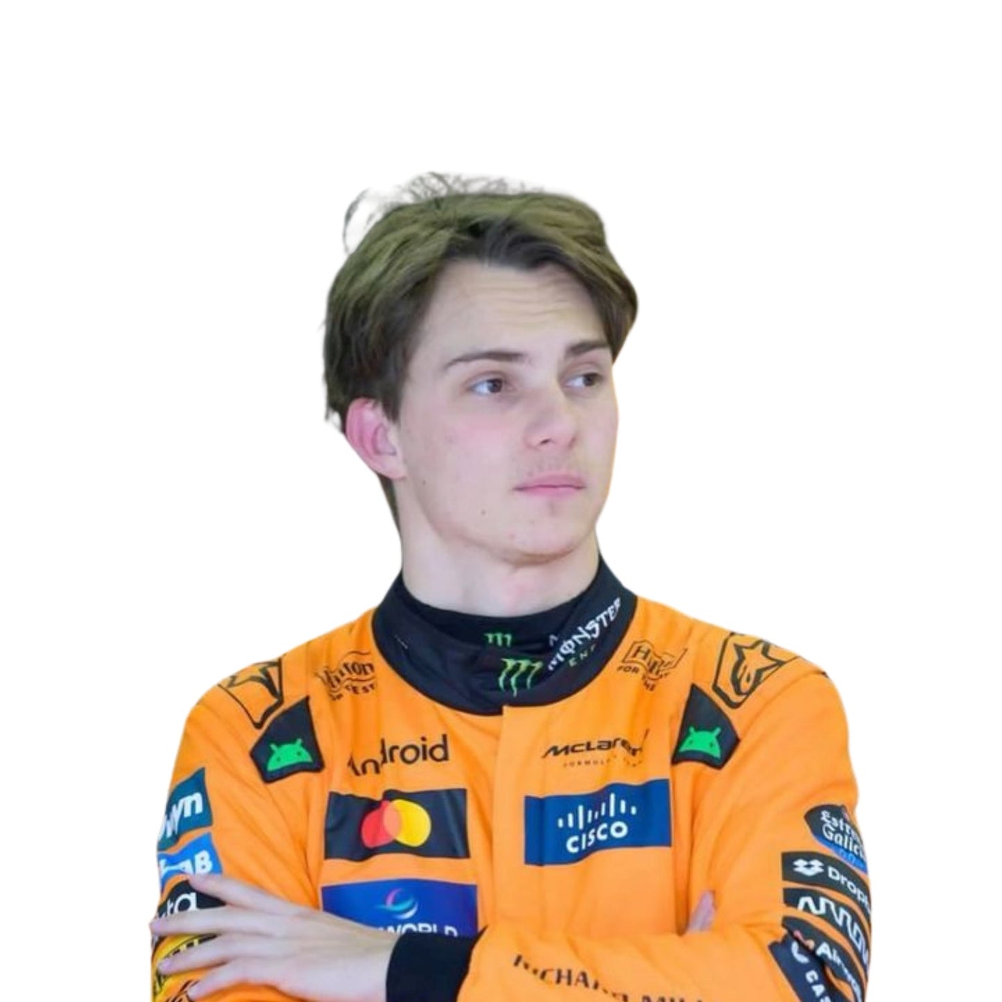 Close-up of Oscar Piastri in his 2025 racing suit, emphasizing fabric detail and race-day readiness.