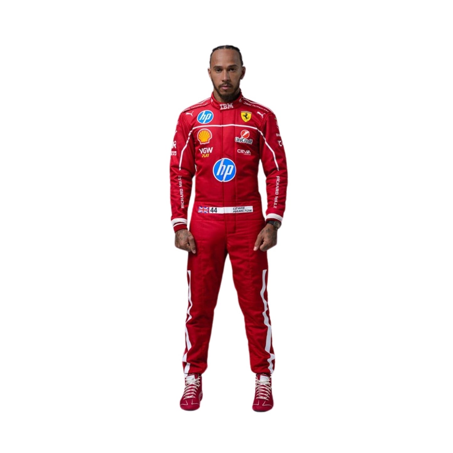 Front view of Lewis Hamilton 2025 F1 racing suit in red and black, designed for performance with fire-resistant and breathable fabric.