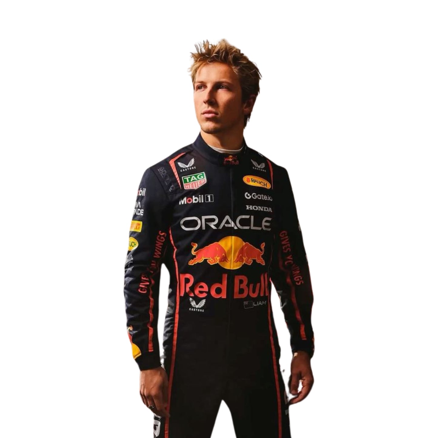 Close-up of premium fabric and stitching on the 2025 Formula 1 costume used by Lawson, highlighting logo detailing and heat-resistant material.
