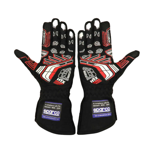 Pair of black Linus Lundqvist 2022 Indy Lights Race gloves with red and white accents on a white background