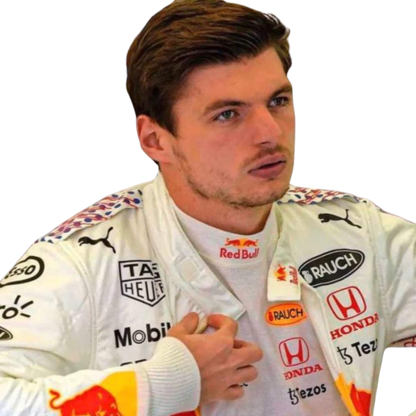 Close-up of the intricate stitching and premium fabric details of Max Verstappen’s 2021 Turkish GP F1 racing suit.