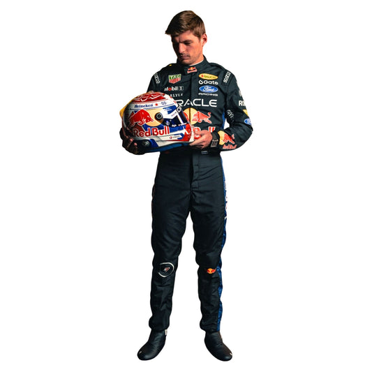 Max Verstappen wearing a Red bull racing suit with various sponsor logos with Front View