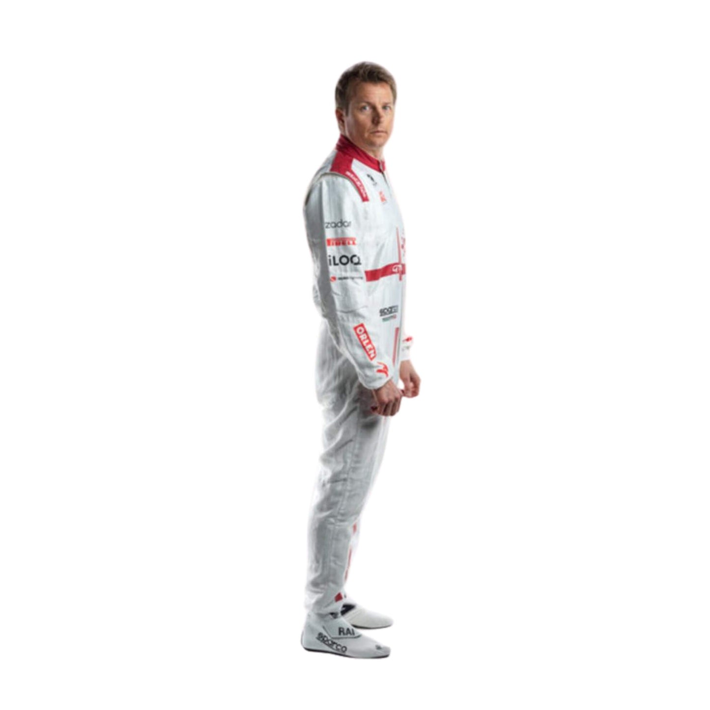 Side full view of Kimi Räikkönen 2021 F1 racing suit – sleek design