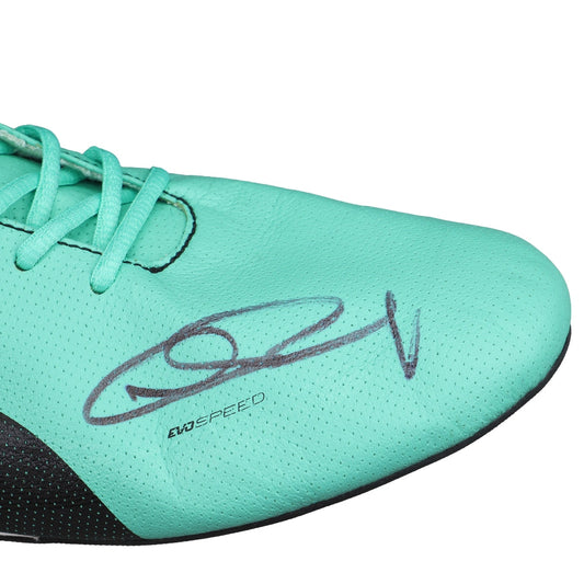 Turquoise Nico Rosberg 2017 F1 Racing sports shoe with a signature and 'EvoSpeed' branding on a white background