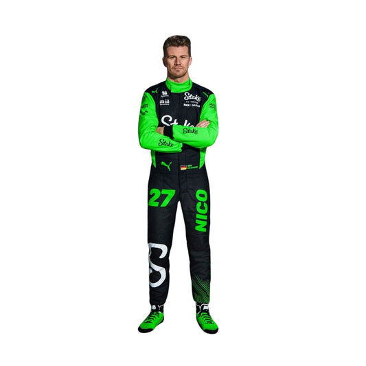 Front view of Nico Hülkenberg’s 2025 F1 racing suit in black, white, and teal, featuring race number 27 prominently displayed on the chest.