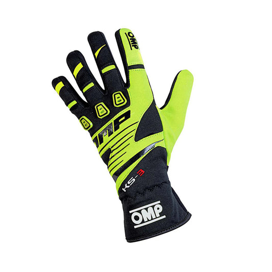 Black and yellow OMP KS-3 Kart race glove with OMP branding on a white background