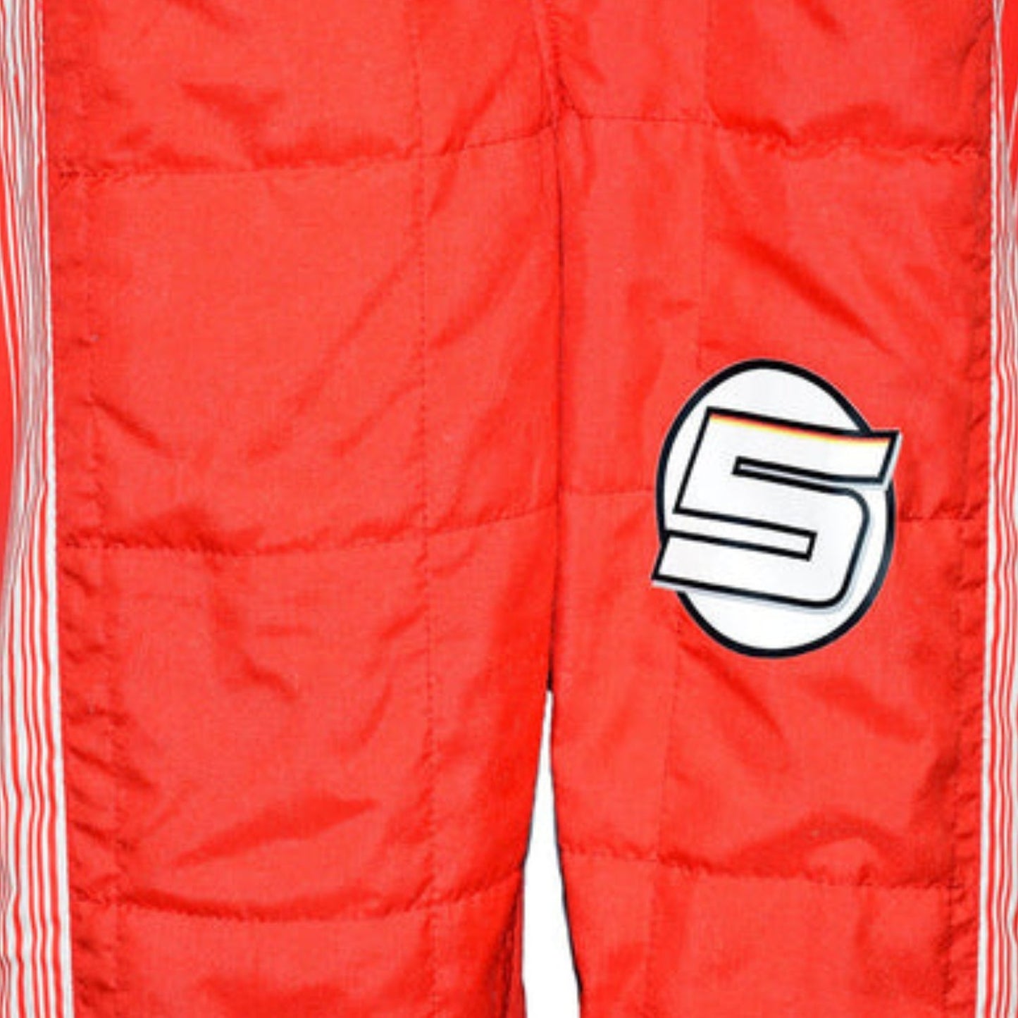 Close-up of Sebastian Vettel’s 2018 racing suit, emphasizing the fine stitching, vivid red texture, and white contrast elements.