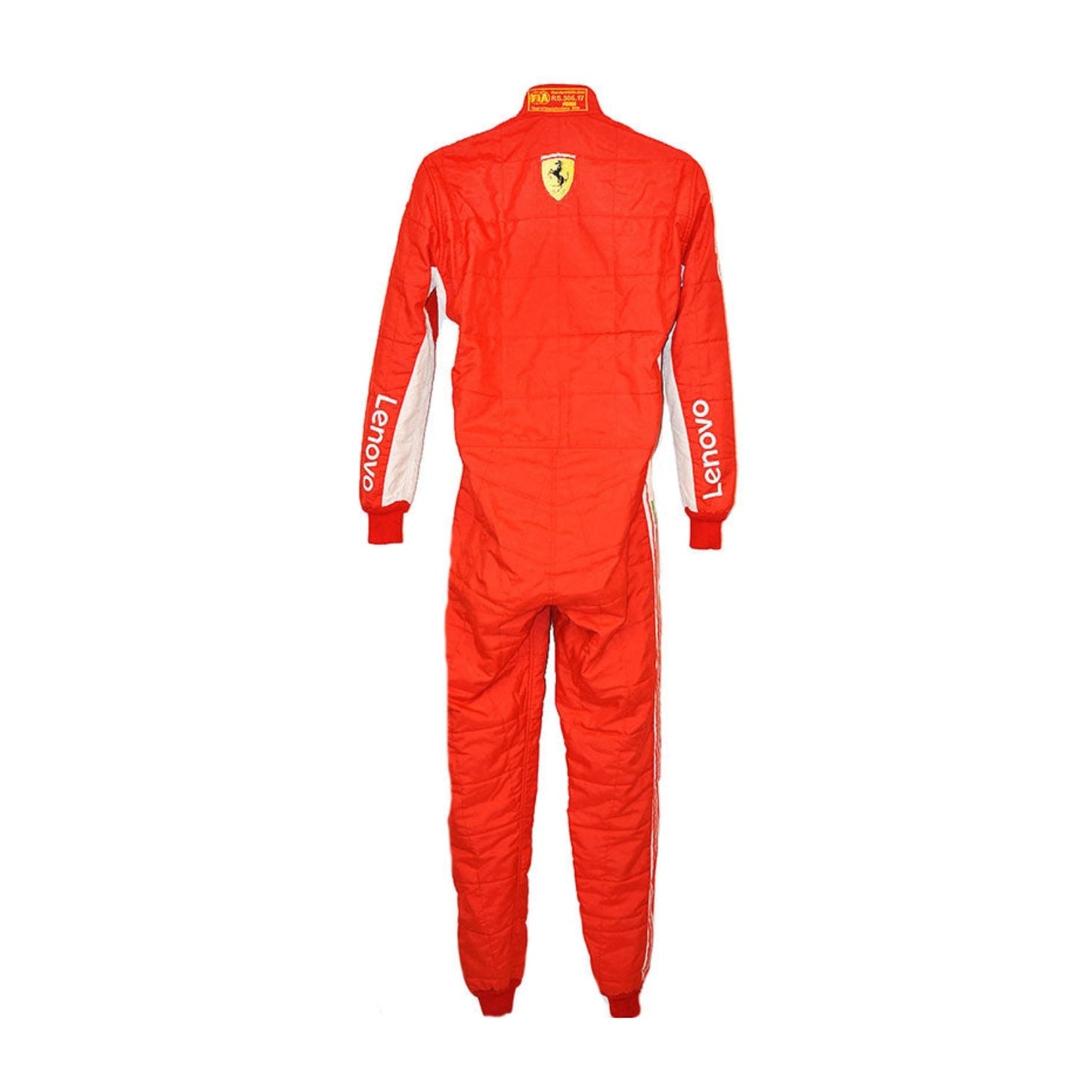 Backside of the 2018 racing suit worn by Sebastian Vettel, showcasing bright red material accented with detailed white branding across the back.