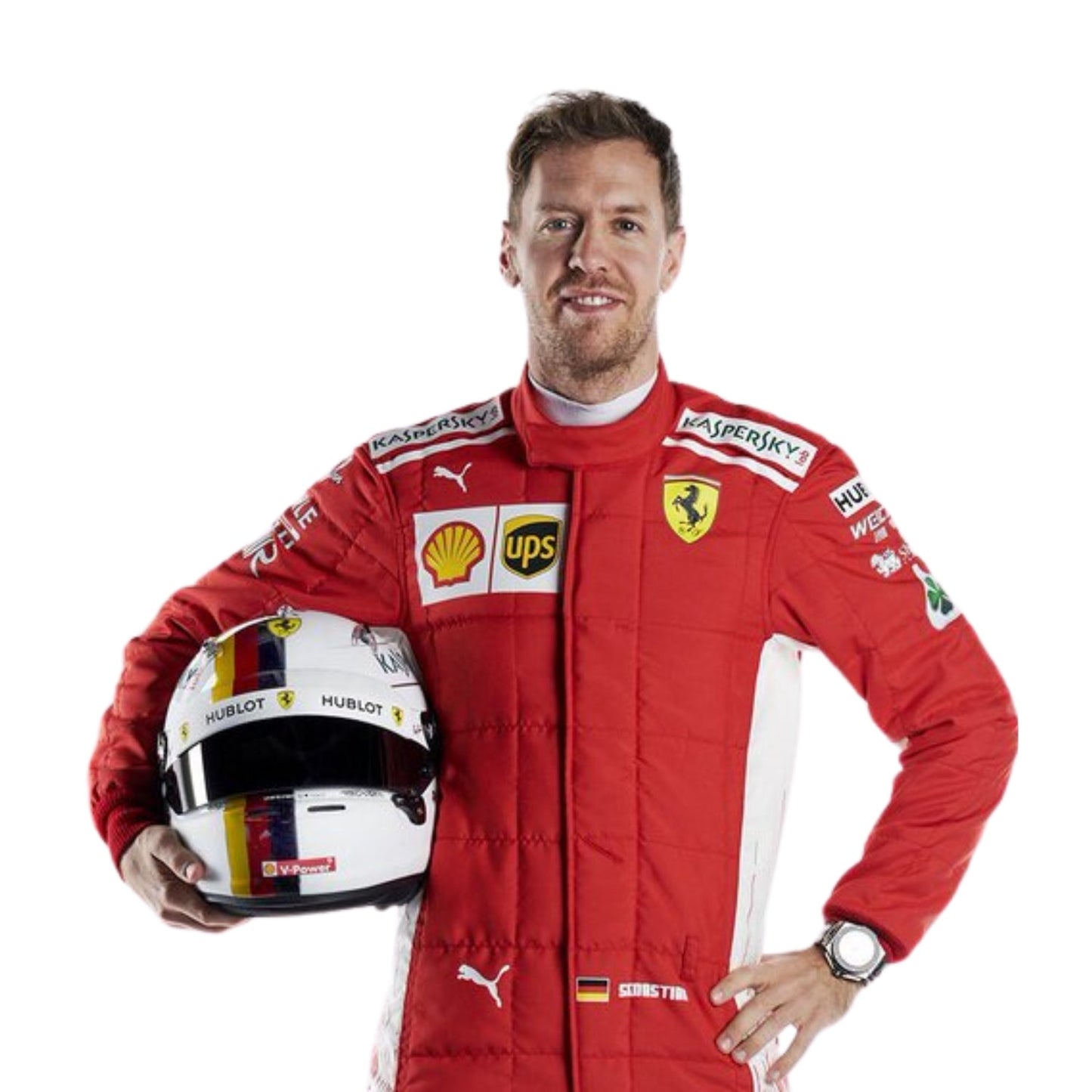 Close-up of Sebastian Vettel’s 2018 racing suit, emphasizing the fine stitching, vivid red texture, and white contrast elements.