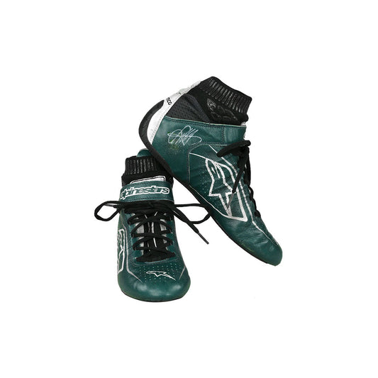 Green Sebastian Vettel 2022 F1 Racing boots with white accents on a white background