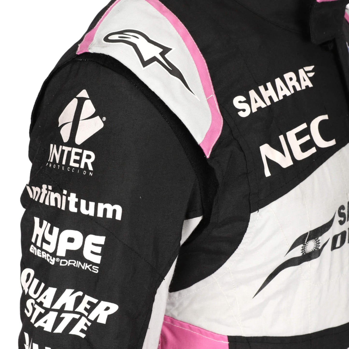 Detailed Sleeve View of Sergio Perez 2017 Force India F1 Suit with Sponsor Patches and Stitching