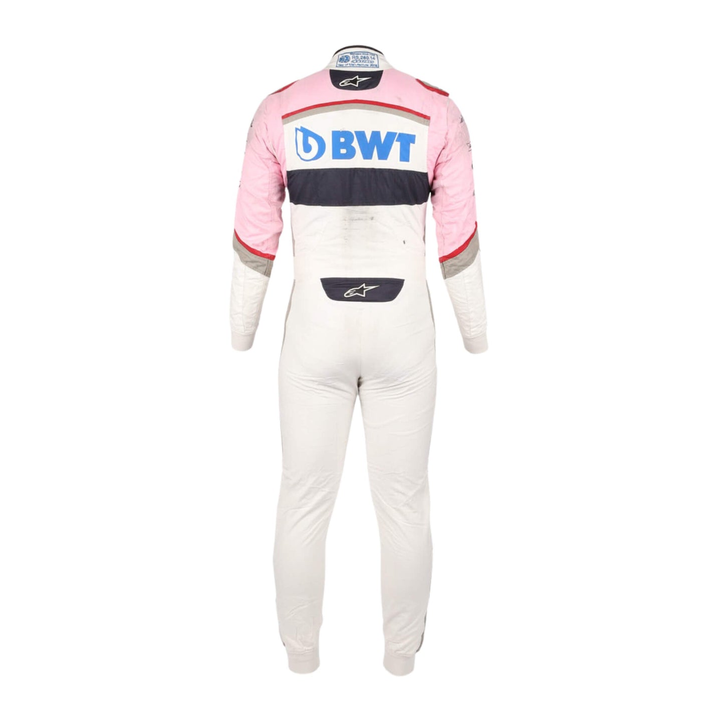 Back view of Sergio Perez’s 2018 F1 racing suit, highlighting sponsor embroidery and the suit’s aerodynamic design for speed and agility.